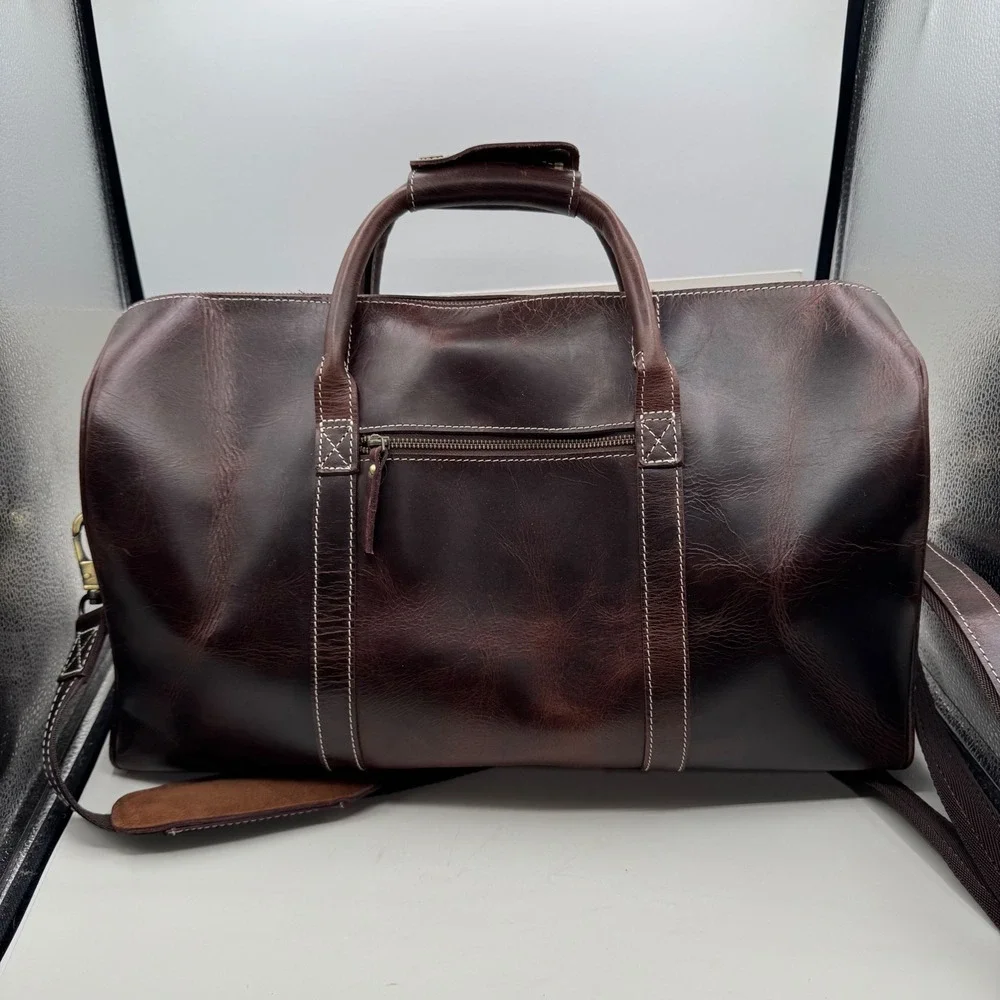 Rustic Town Leather Duffel Bag Dark Brown Weekender Travel Carry On Luggage Tag